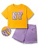 OLLINGTON ST. Sinker Knit Half Sleeves Top & Shorts Set With Text Print - Yellow & Lavender