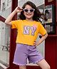 OLLINGTON ST. Sinker Knit Half Sleeves Top & Shorts Set With Text Print - Yellow & Lavender