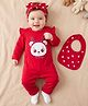 Doodle Poodle 100% Cotton Knit Full Sleeves Hearts & Deer Printed Romper With Headband & Bib - Red