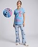 Bella Mama Disney Single Jersey Knit Half Sleeves Night Suit With Lilo & Stitch Graphic & Stripes - Light Blue