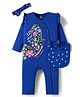 Doodle Poodle Interlock Knit 100% Cotton Full Sleeves Printed Romper With Hairband & Bib - Navy Blue