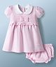 Simply Interlock Knit Half Sleeves Peter Pan Collared Frock & Bloomer With Bow Applique & Smocked Detailing - Pink