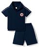 CUCUMBER Knit Half Sleeves Hooded T-Shirt & Shorts Set with Sailor Badge - Navy Blue