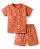CUCUMBER Knit Half Sleeves T-Shirt & Shorts Co-ord Set with Surfing Print - Rust Orange