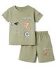 CUCUMBER Knit Half Sleeves T-Shirt & Shorts Set with Skateboard Print - Olive Green