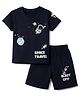 CUCUMBER Knit Half Sleeves T-Shirt & Shorts Set with Astronaut Print - Navy Blue