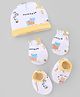 Babyhug 100% Cotton Interlock Knit Cap , Mittens & Booties with Bear Print White - Diameter 15 cm