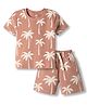Simply Waffle Knit Half Sleeves T-Shirt & Shorts Co-ord Set with Palm Tree Print - Brown
