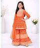 Little Ginnie Cotton Woven Three Fourth Sleeves Gota Lace Embellished Bandhani Printed Kurti Sharara Set With Dupatta - Orange