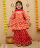 Little Ginnie Cotton Woven Three Fourth Sleeves Gota Lace Embellished Ethnic Motifs Printed Coordinating Kurti Sharara Set With Dupatta - Red