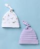 Babyhug 100% Cotton Interlock Knit Caps With Animal & Stripe Print Pack of 2 White & Lilac - Diameter 14.5 cm