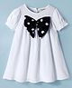 CrayonFlakes Cotton Woven Half Puffed Sleeves Polka Dots Printed Bow Applique Detailed Dress - White