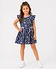 CrayonFlakes Cotton Knit Sleeveless Floral Printed Frill & Bow Applique Detailed Dress - Navy Blue
