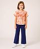 CrayonFlakes Cotton Knit Half Peasant Sleeves Frill Detailed & Floral Printed Top & Pant Set - Peach