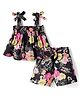 CrayonFlakes Rayon Woven Sleeveless Floral Printed Bow Applique Detailed Coordinating Top & Shorts Set - Black