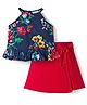 CrayonFlakes Cotton Woven Sleeveless Floral Printed Top & Skort Set - Navy Blue