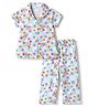 Smarty Girls 100% Cotton Knit Half Sleeves Floral Checked & Text Printed Co-Ords Shirt & Pyjama Night Suit - Light Blue