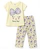 Smarty Girls Sinker Knit Half Sleeves T-Shirt & Pyjama Night Suit Floral Bow Printed - Light Yellow