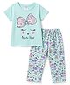 Smarty Girls Sinker Knit Half Sleeves T-Shirt & Pyjama Night Suit Floral Bow Printed - Light Blue