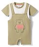 Mom's pet Cotton Knit Half Sleeves Bear Embroidered Dungaree & Colour Blocked Tee - Green