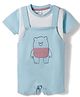 Mom's pet Cotton Knit Half Sleeves Bear Embroidered Dungaree & Colour Blocked Tee - Sky Blue