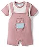 Mom's pet Cotton Knit Half Sleeves Bear Embroidered Dungaree & Colour Blocked Tee - Dark Pink