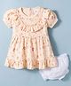 Mom's pet Cotton Knit Half Puffed Sleeves Frill Detailed Animals Printed Dress With Bloomer - Peach