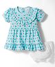Mom's pet Cotton Knit Half Puffed Sleeves Frill Detailed Bunnies & Hearts Printed Dress With Bloomer - Turquoise