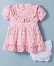 Mom's pet Cotton Knit Half Puffed Sleeves Frill Detailed Bunnies & Hearts Printed Dress With Bloomer - Pink