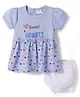 Mom's pet Cotton Knit Half Puffed Sleeves Sweet Hearts Text Printed Dress With Bloomer - Blue