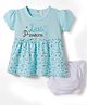 Mom's pet Cotton Knit Half Puffed Sleeves Little Princess Text Printed Dress With Bloomer - Turquoise