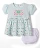 Mom's pet Cotton Knit Half Puffed Sleeves Butterfly & Floral Printed Dress With Bloomer - Sea Green