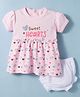 Mom's pet Cotton Knit Half Puffed Sleeves Sweet Hearts Text Printed Dress With Bloomer - Pink