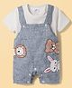 Mom's pet Cotton Jersey Woven Animals Embroidered Dungaree  With Half Sleeves Tee - Blue