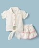 Mom's pet Jacquard Woven Half Puffed Sleeves Floral Designed Shirt Style Top & Skirt Set  - White