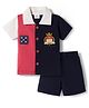 Mom's pet Cotton Jersey Knit Half Sleeves Patch Embroidered Polo Tee & Shorts Set - Blue