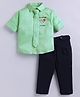 LITTLE COLLARS Cotton Blend Woven Half Sleeves Heart Designed Beads Embellished Shirt & Pant Set With Tie - Green