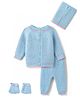 Babyhug Knit Full Raglan Sleeves Front Open Striped Sweater Set With Cap & Booties - Light Blue