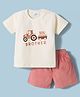 Mom's pet Cotton Jersey Knit Half Sleeves Tractor Printed Tee & Shorts Set - Peach