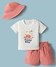 Mom's pet Cotton Jersey Knit Half Sleeves Turtle Embroidered Tee & Shorts Set With Cap - Peach