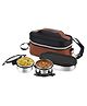 CELLO MF President Stainless Steel Lunch Box with Bag, Black Leatherite | 2 x 300ml Round Steel Container, 1 x 500ml Oval Container | BPA Free, Air Tight Clip Lock, Rust & Leakproof Office Tiffin Box
