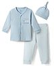 I Bears Full Sleeves T-Shirt & Striped Pyjama Night Suit With Cap & Sea Shell Print - Light Blue