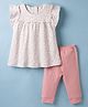 I Bears Knit Half Sleeves T-Shirt & Joggers Set with Floral Print - Pink