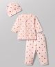 I Bears Knitted Full Sleeves Co-Ord T-Shirt & Pyjama Night Suit With Cap & Floral Print - Peach