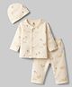 I Bears Knitted Full Sleeves Aeroplane Printed Co-Ords T-Shirt & Pyjama Night Suit With Cap - Cream