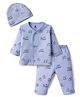 I Bears Knitted Full Sleeves Construction Vehicles Printed T-Shirt & Pyjama Night Suit With Cap - Light Blue