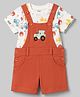 Tango Interlock Knit Half Sleeves Vehicles Printed & Embroidered Dungaree Set - Rust Orange & White