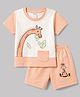 Tango Interlock Knit Half Sleeves Giraffe Printed & Embroidered T-Shirt & Shorts Set - Peach & White