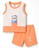 Tango Interlock Knit Sleeveless Nautical Theme Printed Tank T-Shirt & Shorts Set With Animal Patch - Orange & OffWhite