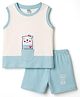 Tango Interlock Knit Sleeveless Nautical Theme Printed Tank T-Shirt & Shorts Set With Animal Patch - Light Blue & OffWhite